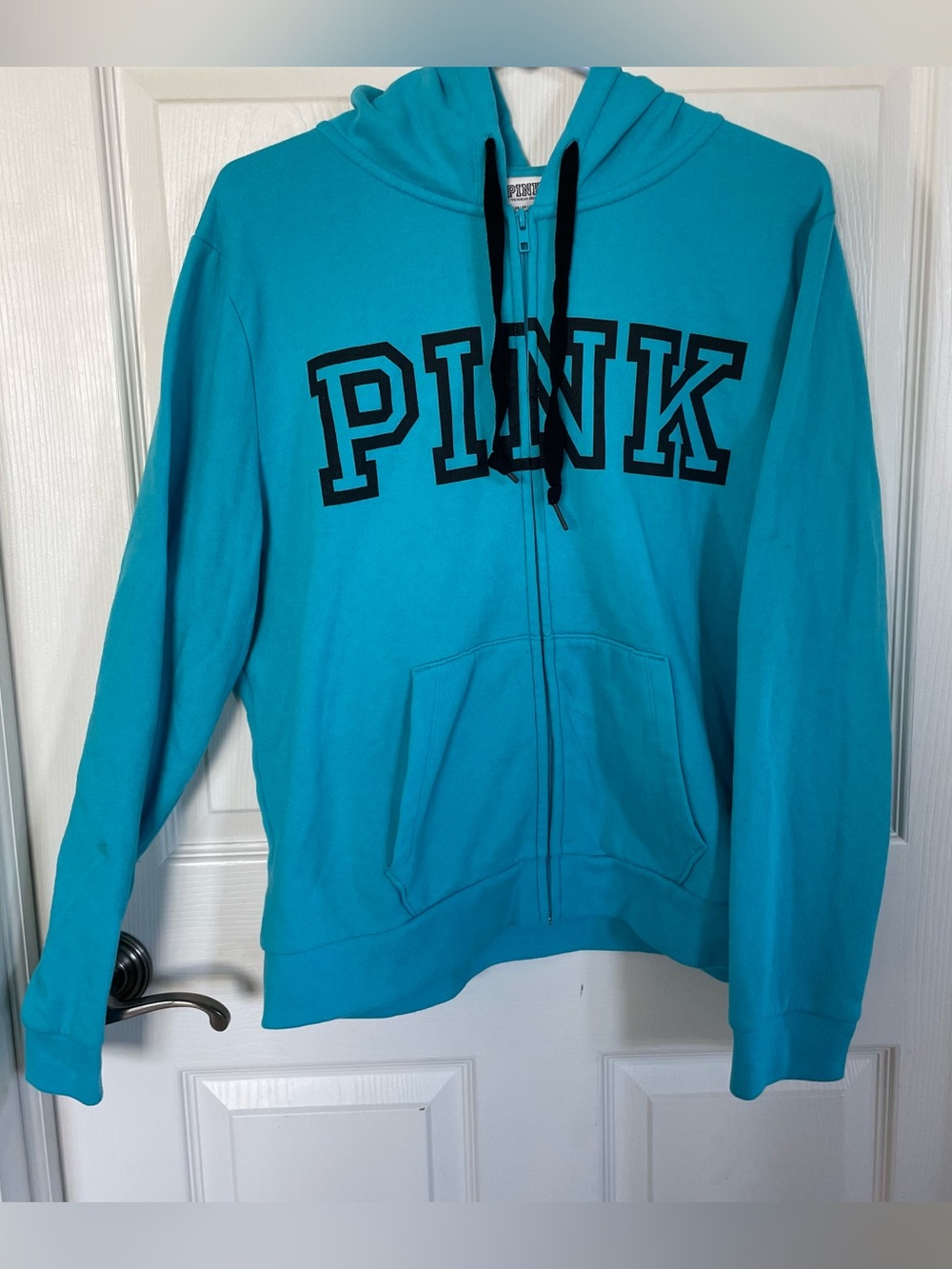 PINK Victoria’s Secret Teal Logo Zip Up Hoodie size XL - Picture 2 of 14